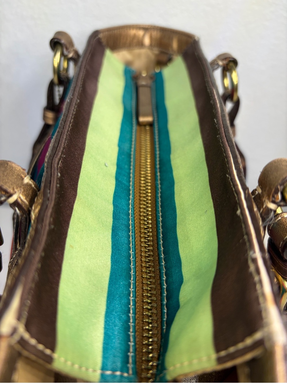 COACH LEGACY Multicolor Striped SATEEN Tote with Gold/ Bronze Trim. 2 Hangtags!! - Picture 12 of 16